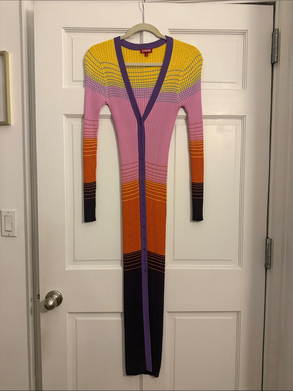 Staud Colorblock Ribbed Maxi Dress In Pink, Yellow, Orange & Purple
